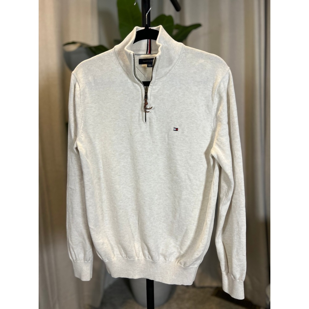 Tommy Hilfiger Mens Quarter Zip Sweater Cream Oatmeal Heather Mock Neck Medium